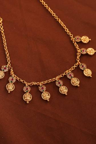 Gold Necklace with Pink Beads and Green Accents