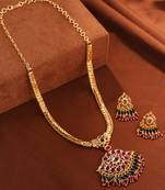 Gold chain necklace set with pink stone pendant