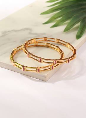 Set of 2 Gold Bangles with Pink Bead Detailing 1