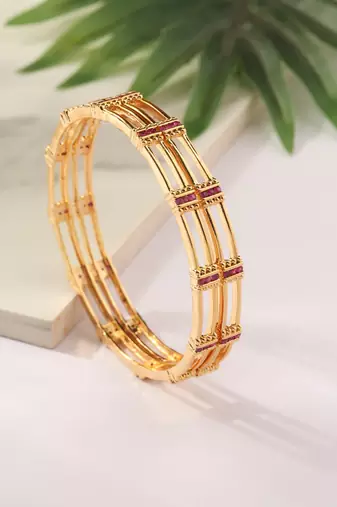 Set of 2 Gold Bangles with Pink Bead Detailing