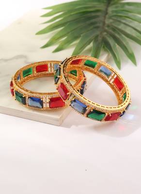 Set of 2 Gold Bangles with Green, Red and Blue Rubies 1