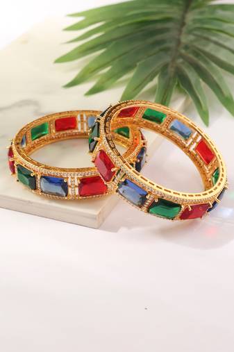 Set of 2 Gold Bangles with Green, Red and Blue Rubies