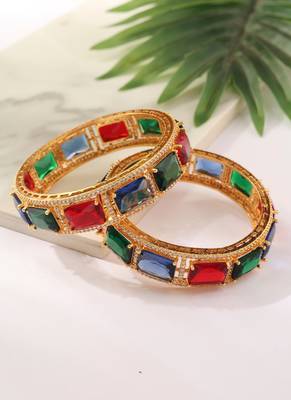 Set of 2 Gold Bangles with Green, Red and Blue Rubies 2