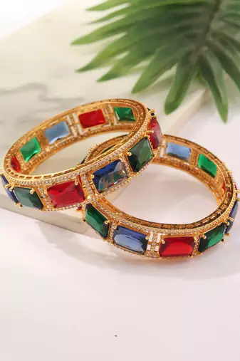 Set of 2 Gold Bangles with Green, Red and Blue Rubies
