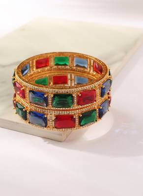 Set of 2 Gold Bangles with Green, Red and Blue Rubies 3