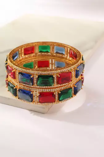 Set of 2 Gold Bangles with Green, Red and Blue Rubies