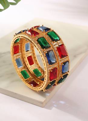 Set of 2 Gold Bangles with Green, Red and Blue Rubies 4