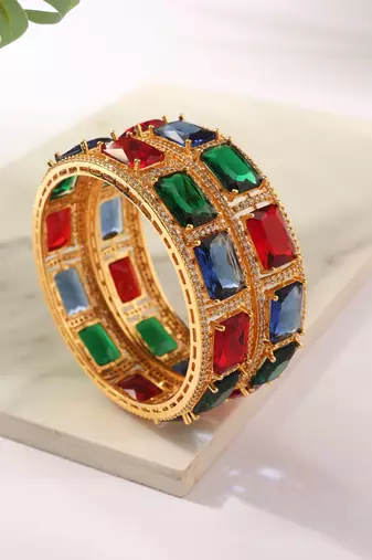 Set of 2 Gold Bangles with Green, Red and Blue Rubies