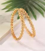 Set of 2 Floral Motif Gold Bangles with American Diamond Center