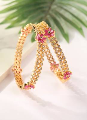 Set of 2 Gold Bangles with American Diamonds and Pink Stone Flowers 1