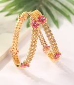 Set of 2 Gold Bangles with American Diamonds and Pink Stone Flowers