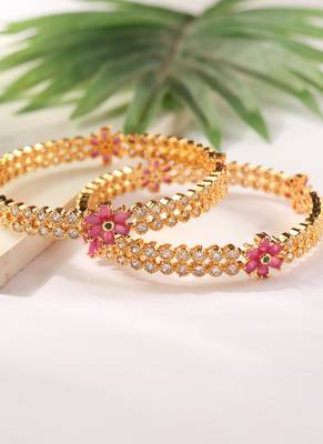 Set of 2 Gold Bangles with American Diamonds and Pink Stone Flowers 2
