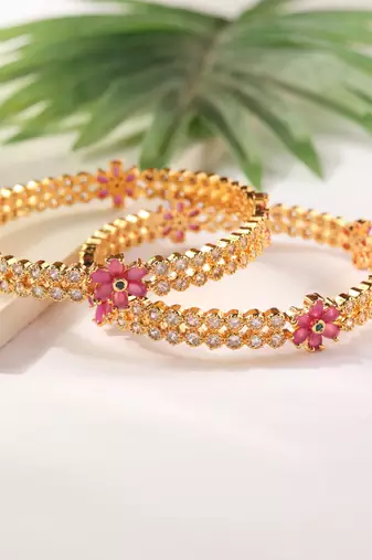 Set of 2 Gold Bangles with American Diamonds and Pink Stone Flowers