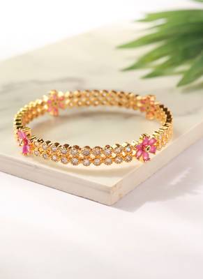 Set of 2 Gold Bangles with American Diamonds and Pink Stone Flowers 3