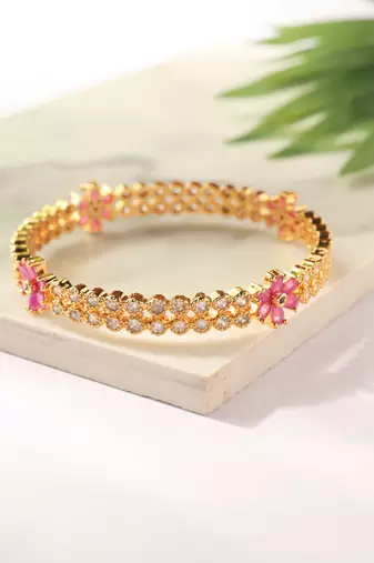Set of 2 Gold Bangles with American Diamonds and Pink Stone Flowers