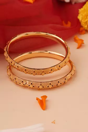 Set of 2 Gold Bangles with Floral Engravings