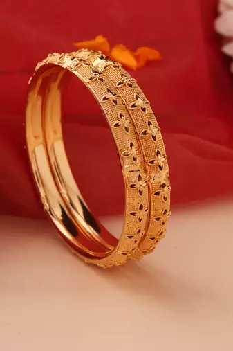 Set of 2 Gold Bangles with Floral Engravings