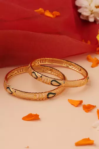 Set of 2 Gold Bangles with Paisley Motif Accents