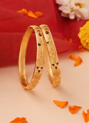 Set of 2 Gold Bangles with Multicolor Stone Accents 2
