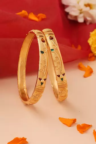 Set of 2 Gold Bangles with Multicolor Stone Accents