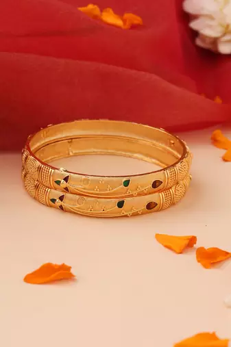 Set of 2 Gold Bangles with Multicolor Stone Accents