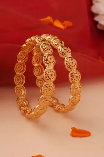 Set of 2 Gold Bangles with Hollow Cutwork Design
