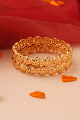 Set of 2 Gold Bangles with Hollow Cutwork Design