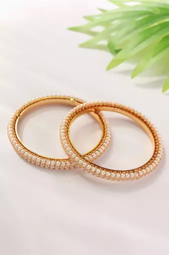 Set of 2 Gold Bangles with Pearl Detailing