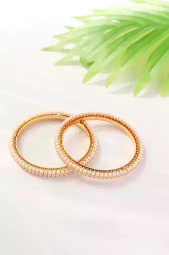 Set of 2 Gold Bangles with Pearl Detailing