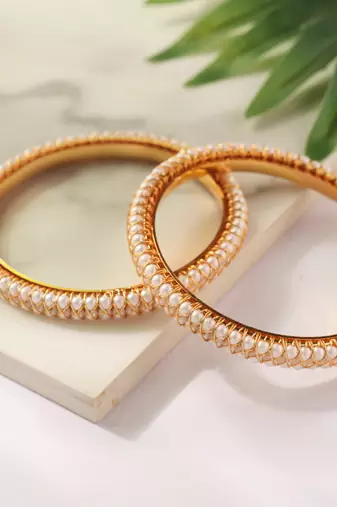 Set of 2 Gold Bangles with Pearl Detailing