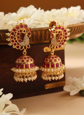Gold Pearl and Pink Stone Jhumkas 1