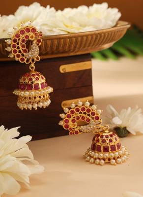 Gold Pearl and Pink Stone Jhumkas 2