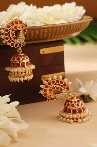 Gold Pearl and Pink Stone Jhumkas