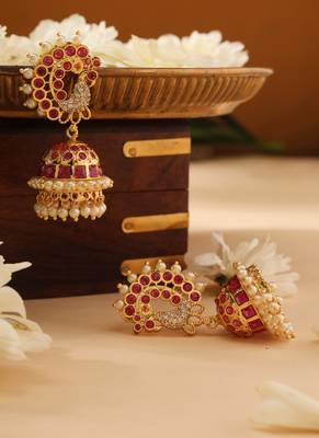 Gold Pearl and Pink Stone Jhumkas 3