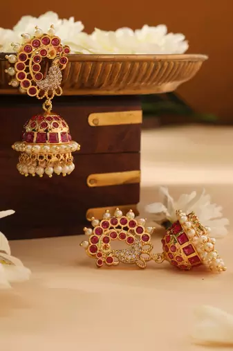 Gold Pearl and Pink Stone Jhumkas