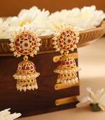 Gold Jhumkas with Pearls and Pink Stone Accents