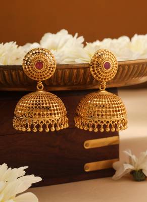 Circular Gold Dangler Earrings with Pink Stone Accent 1