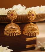 Circular Gold Dangler Earrings with Pink Stone Accent