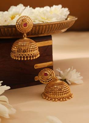Circular Gold Dangler Earrings with Pink Stone Accent 2