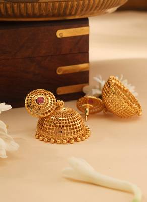 Circular Gold Dangler Earrings with Pink Stone Accent 3