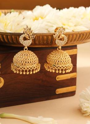 Gold jhumkas with american diamond accent 1