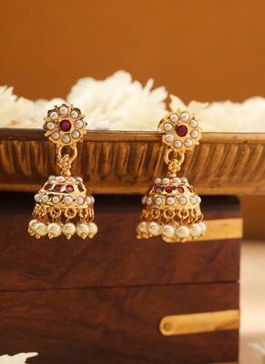 Gold Jhumkas with Pink and White Stone Accents 1