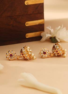 Gold Jhumkas with Pink and White Stone Accents 2