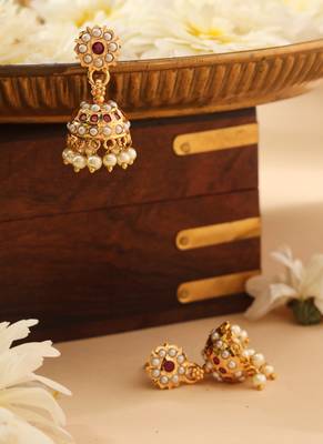 Gold Jhumkas with Pink and White Stone Accents 3
