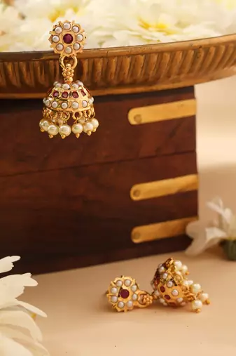 Gold Jhumkas with Pink and White Stone Accents