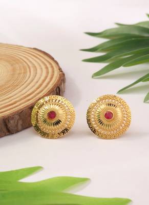 Circular Gold Studs with Pink Stone Center 1