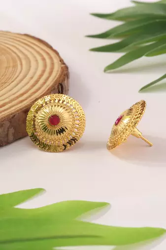 Circular Gold Studs with Pink Stone Center