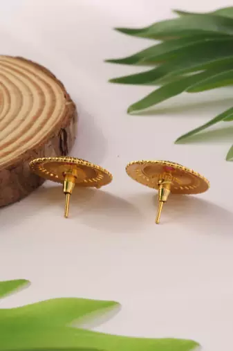 Circular Gold Studs with Pink Stone Center