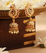 Gold Jhumkas with White and Pink Stone Accents