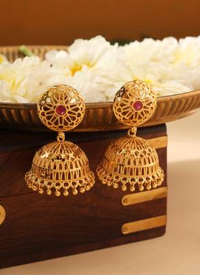 Gold Jhumkas with Pink Stone Accent 1